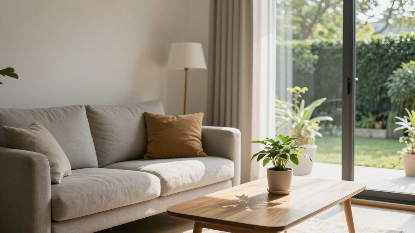 Casa moderna con jardín soleado y planta interior.