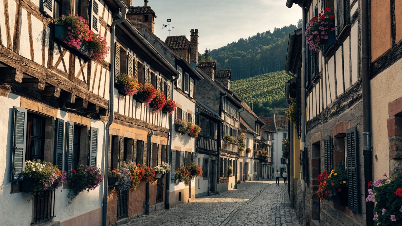 Half-timbered Alsace village beside green vineyards