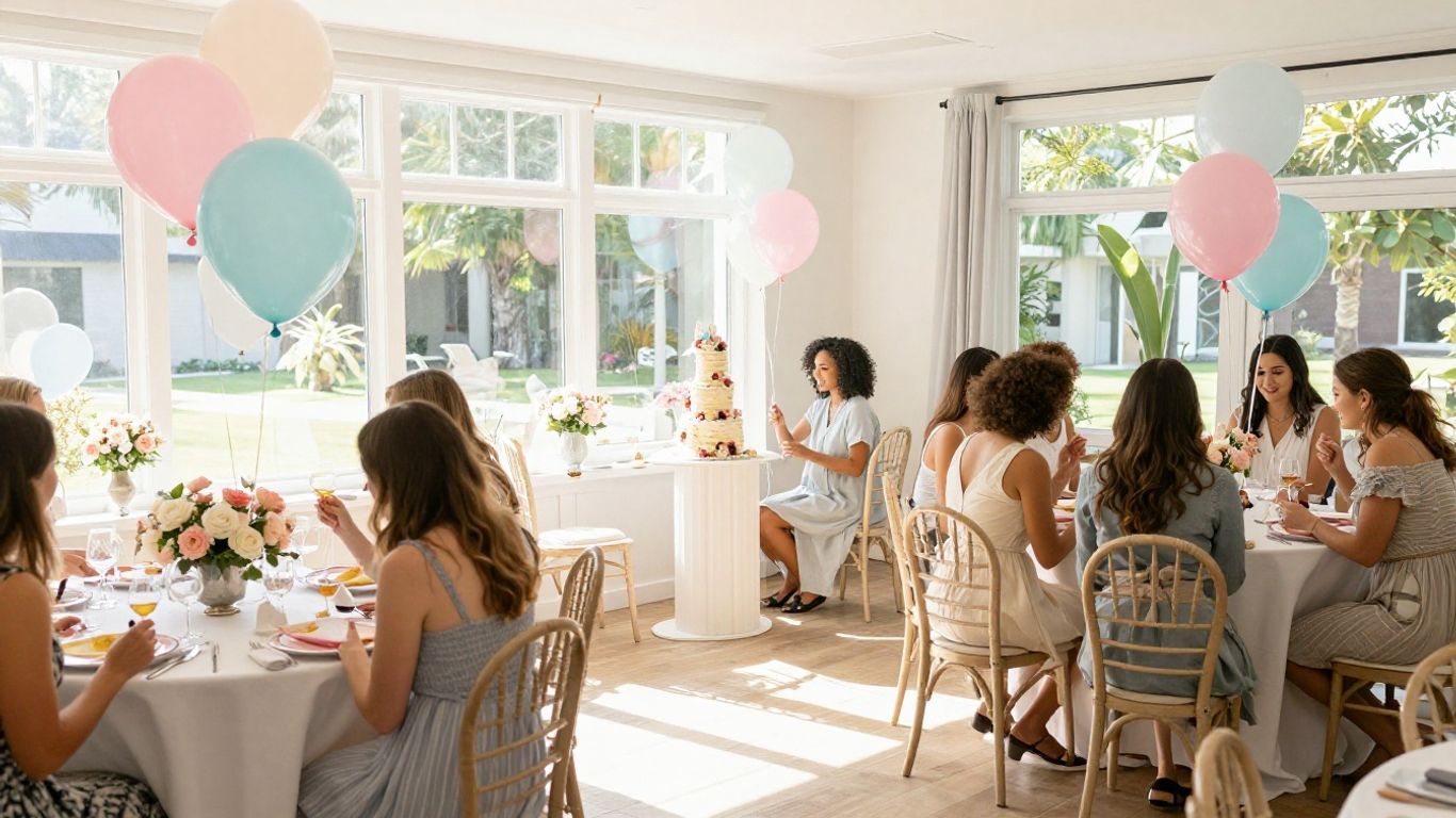 Elegant baby shower venue with balloons and cake.