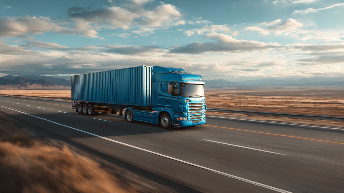 A blue semi-truck drives down a highway in a desert landscape.