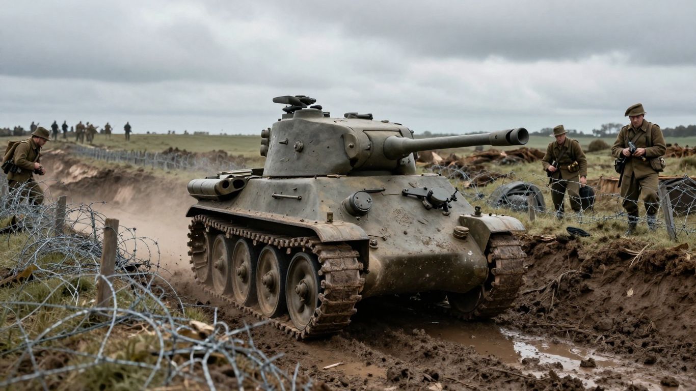 British Mark I tank crossing muddy battlefield