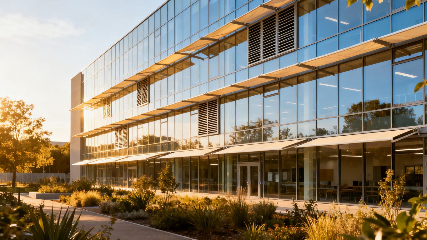 Façade tertiaire bioclimatique avec protections solaires