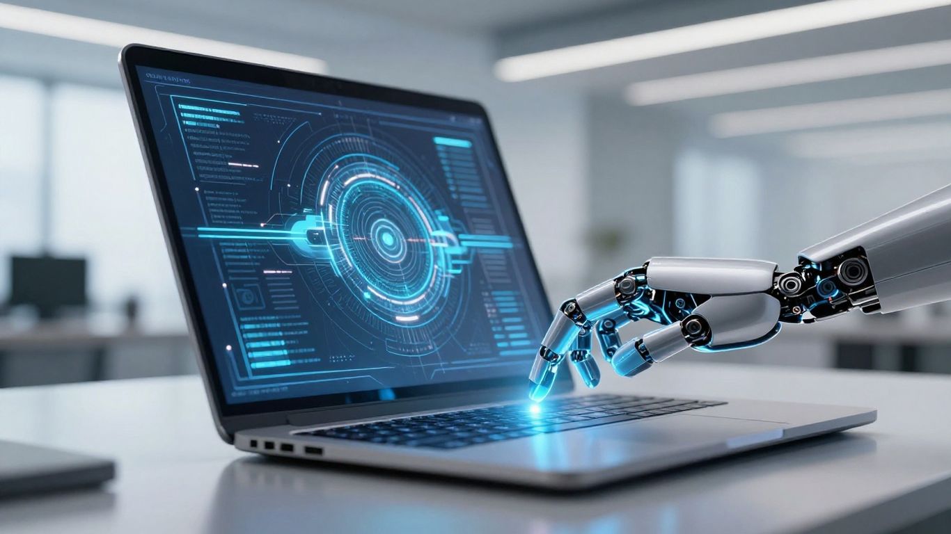 AI writing on a futuristic laptop.