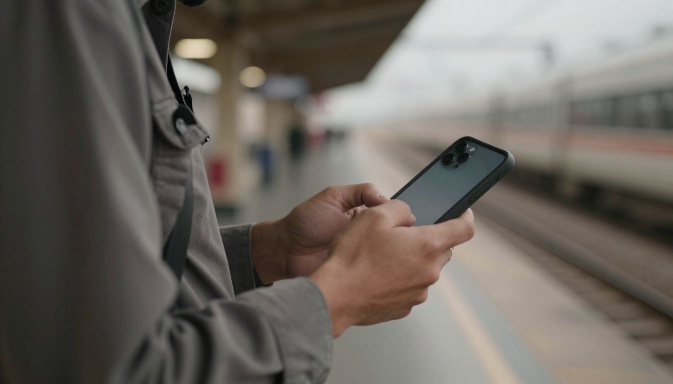 A person holding a generic smartphone in a sturdy, dark-coloured case while waiting on a train platform.
