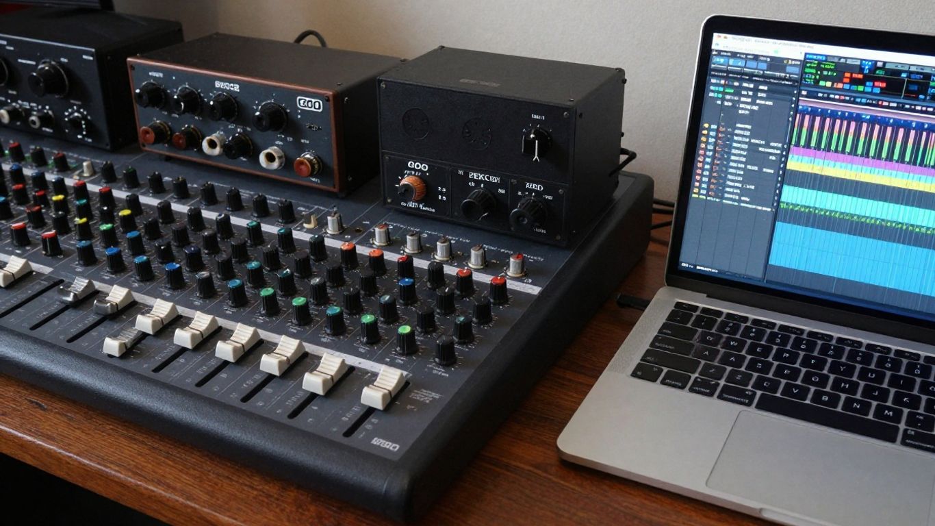Mixing console, outboard gear, and DAW interface in a studio.