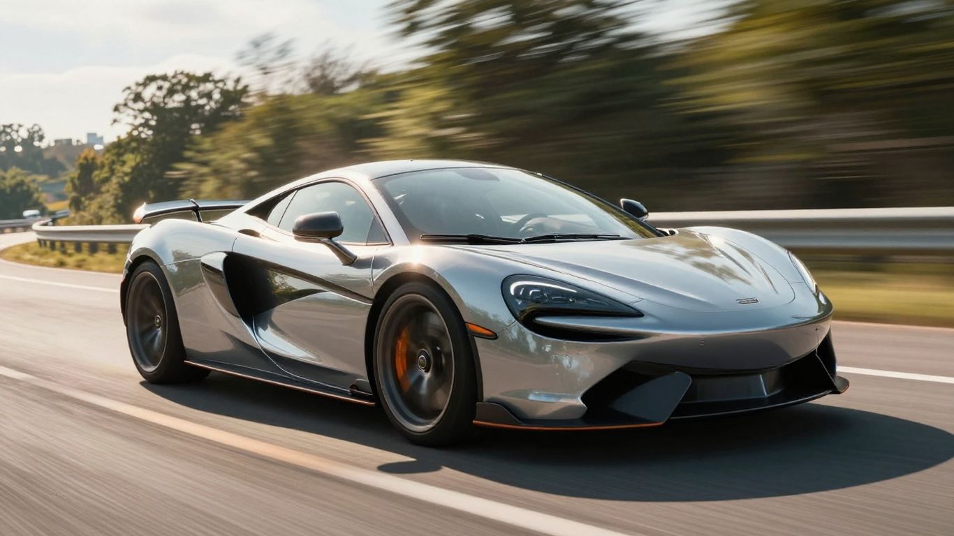 Sports car speeding on a vibrant, winding road.