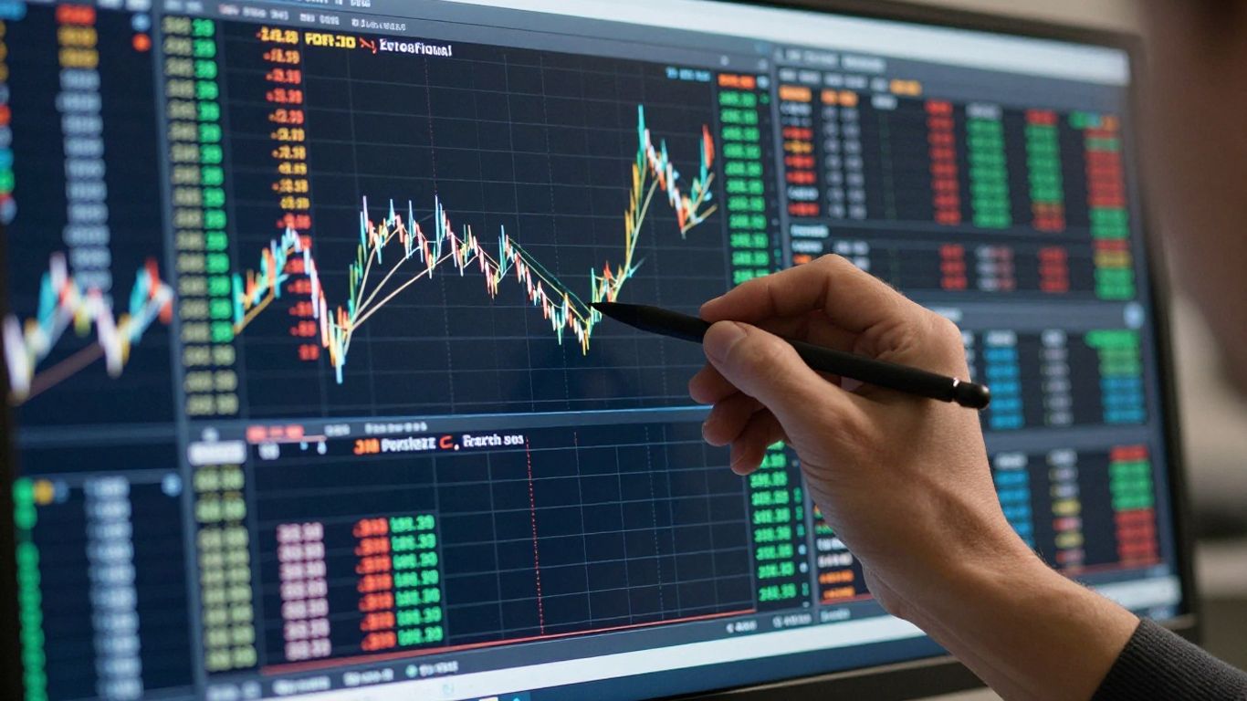 Forex trading desk with abstract currency exchange data.