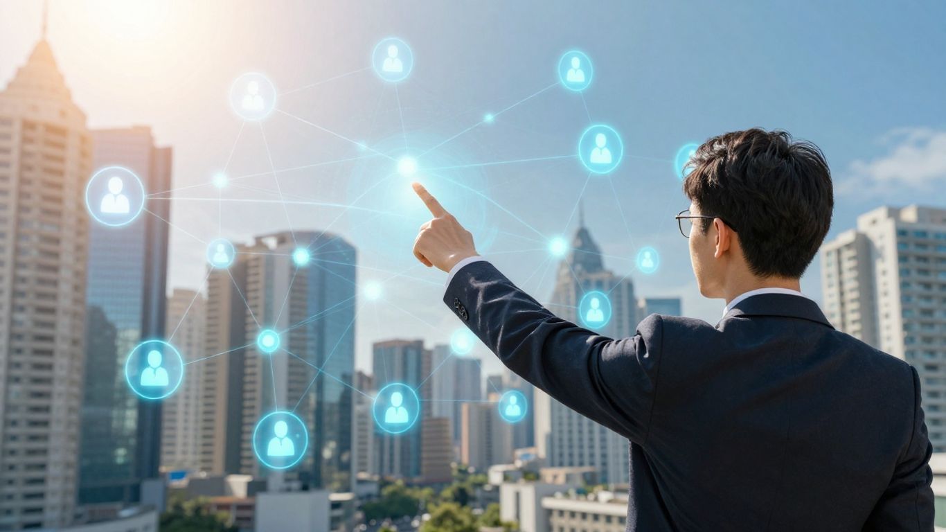 Real estate agent pointing at digital lead generation network.
