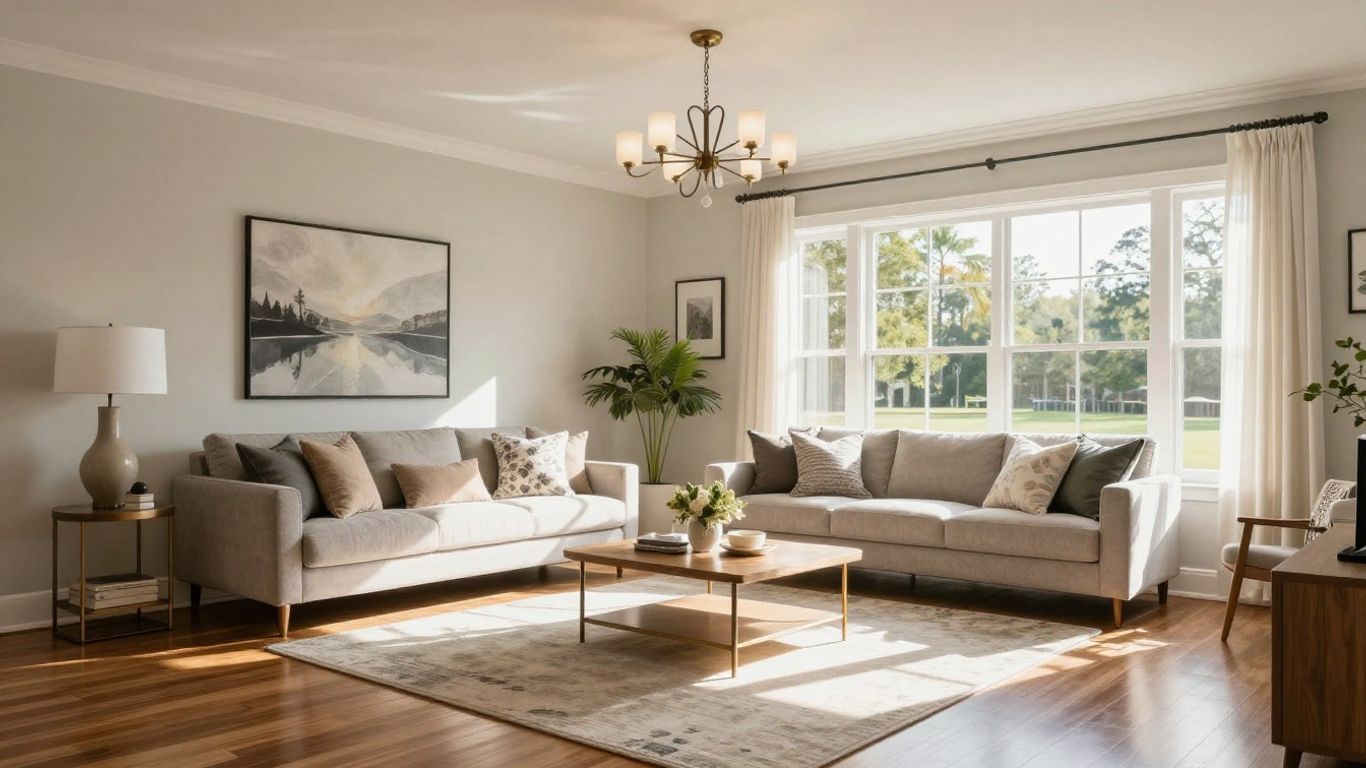Renovated Berkeley Lake living room with modern furniture and natural light.