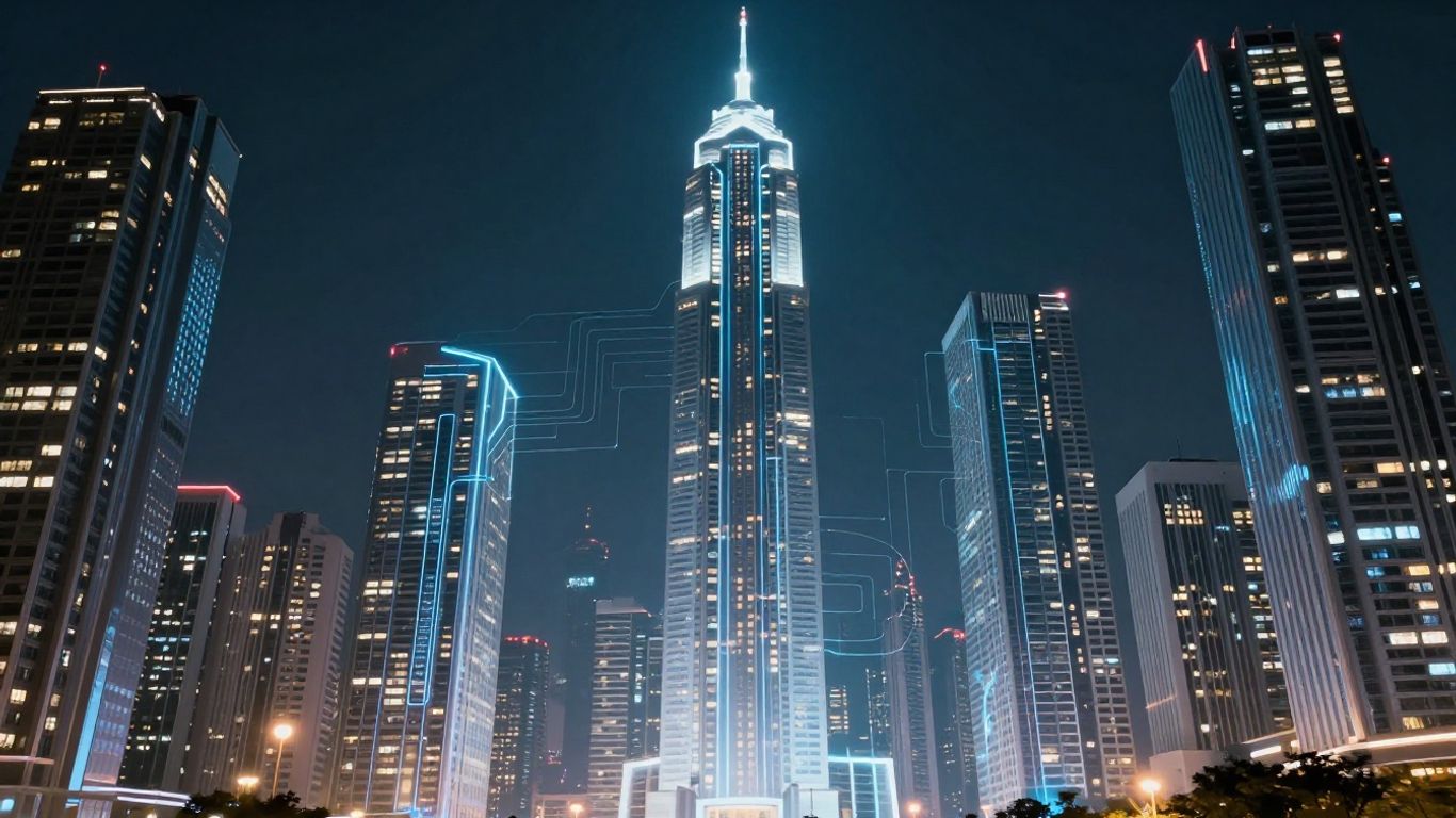 Ville futuriste avec flux numériques et IA