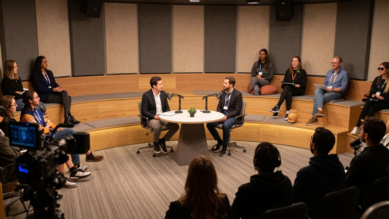 Podcast audience seated around recording set