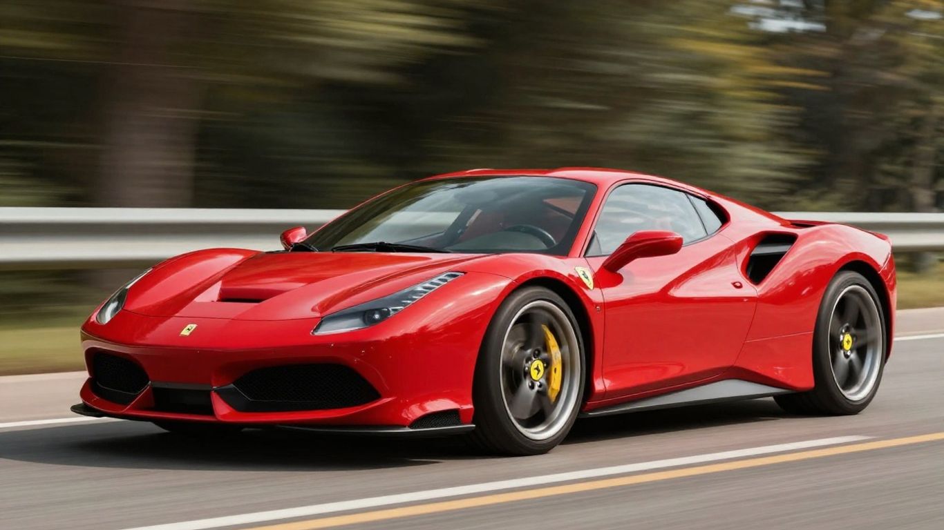 Roter Ferrari 849 Testarossa Sportwagen fährt auf Straße.