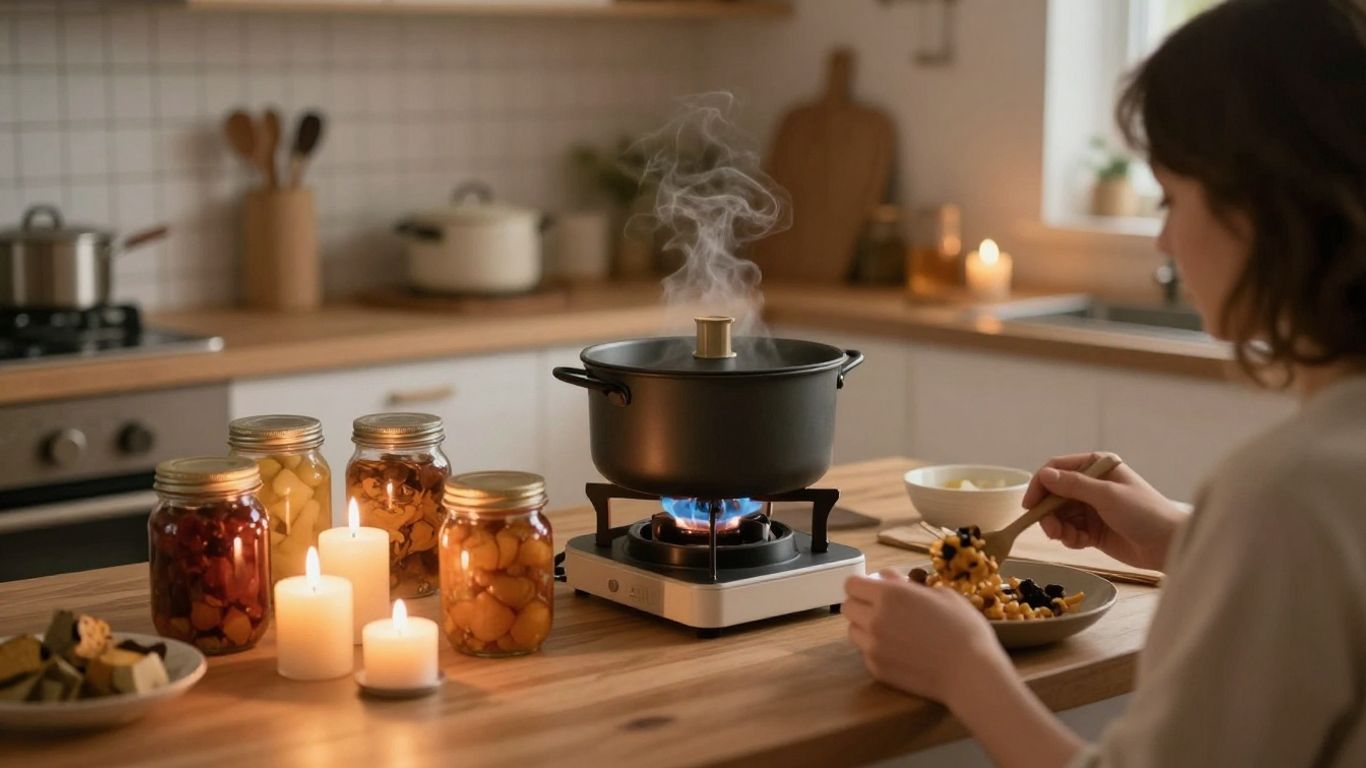 Family prepares food by candlelight in powerless kitchen