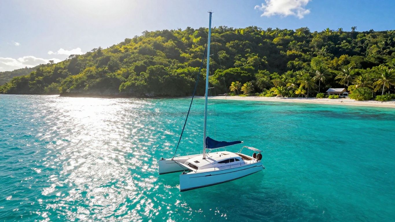 Sailboat anchored in clear turquoise waters off Belize coast.