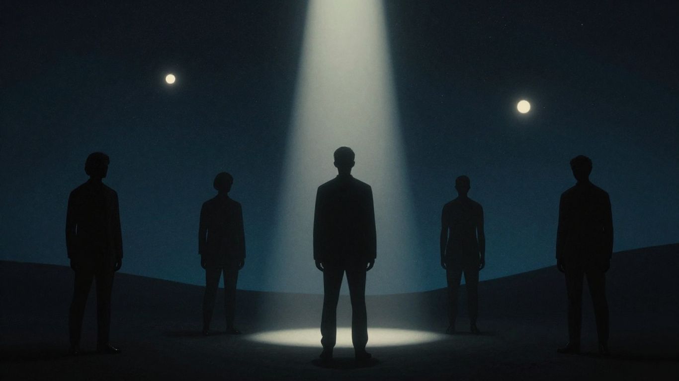 Ethereal spotlights on silhouettes of departed entertainment figures.