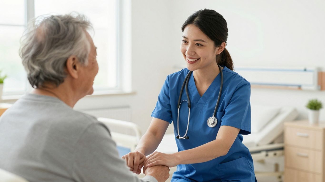 CNA assisting elderly patient in a healthcare setting.