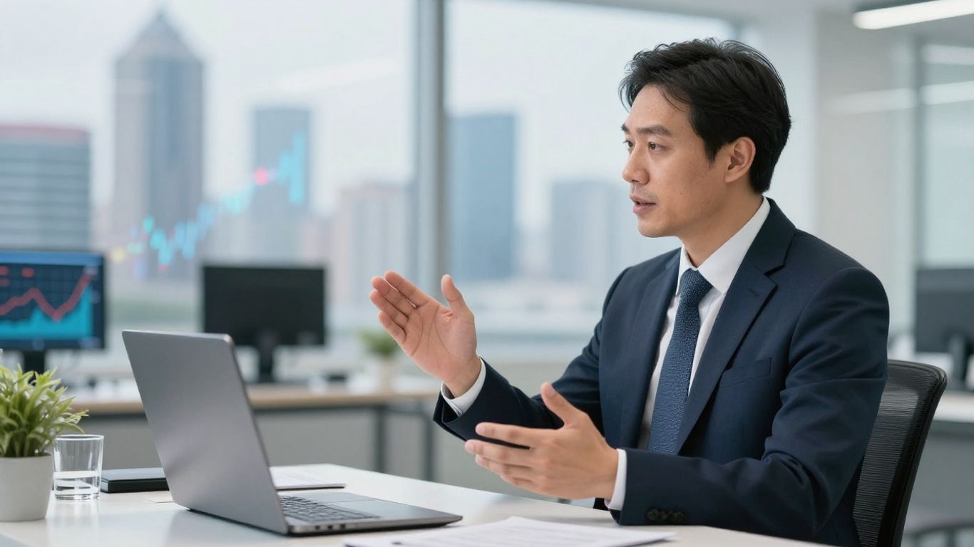 Finance professional communicating clearly in an office.