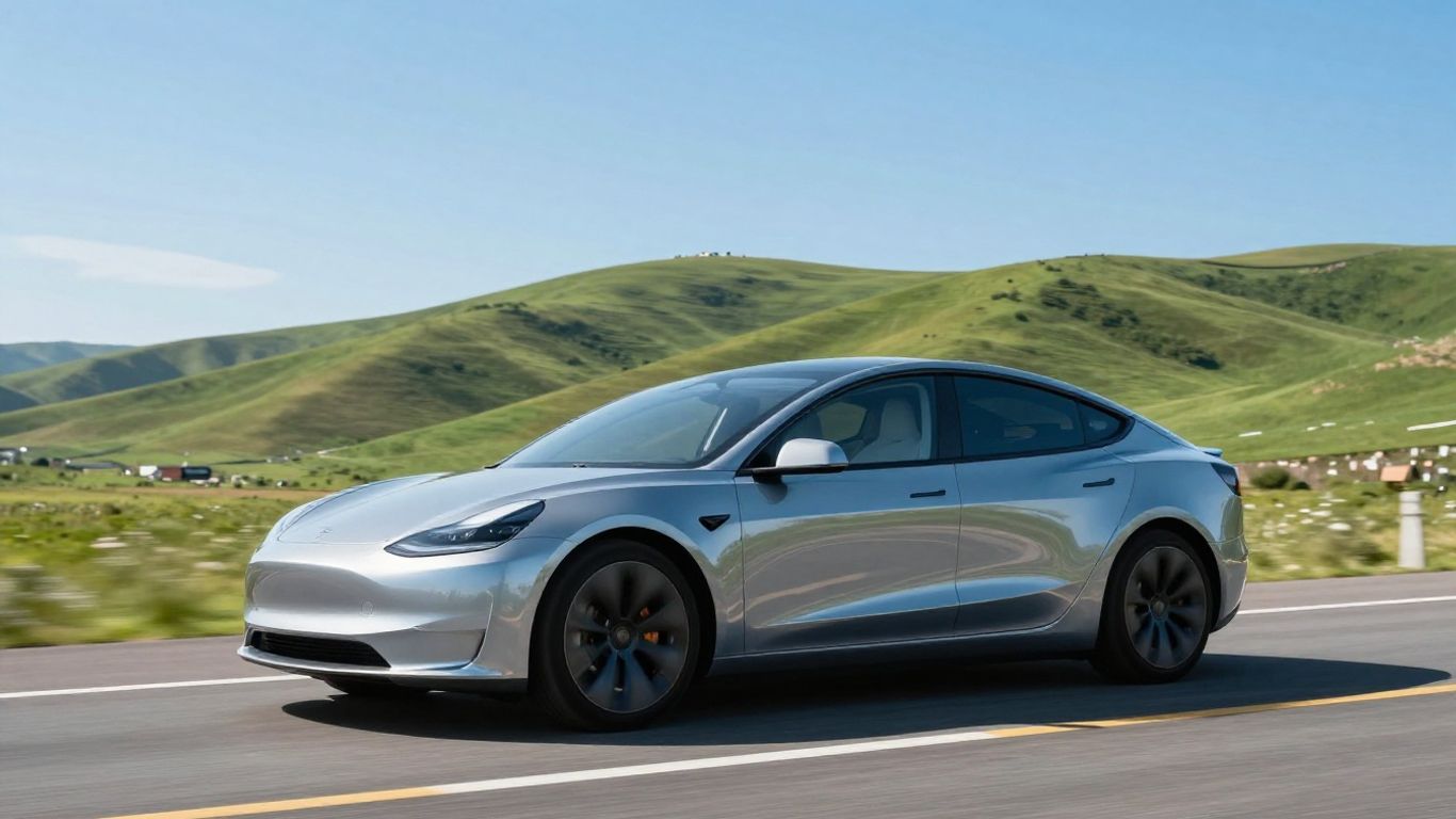 Futuristic Tesla electric car on a highway.