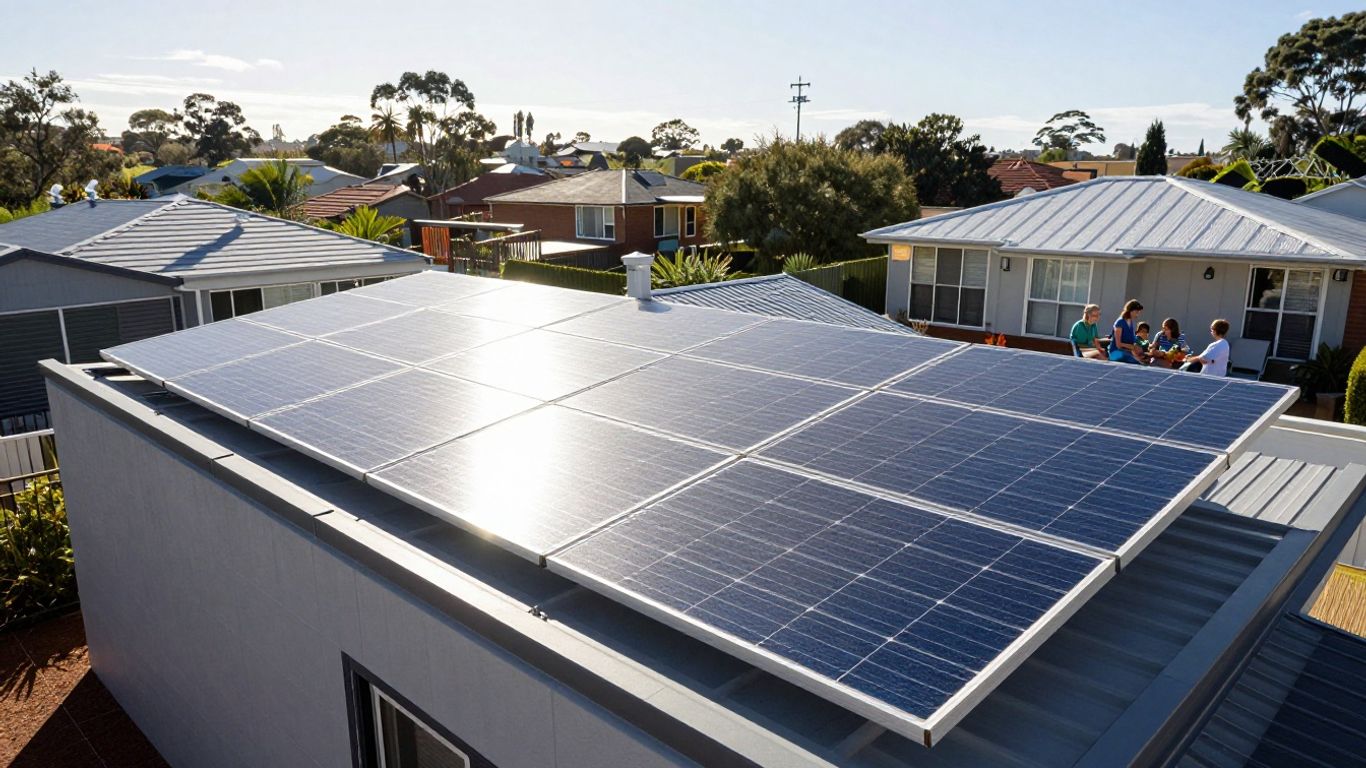Solar panels on an Australian rooftop with a family in the yard.