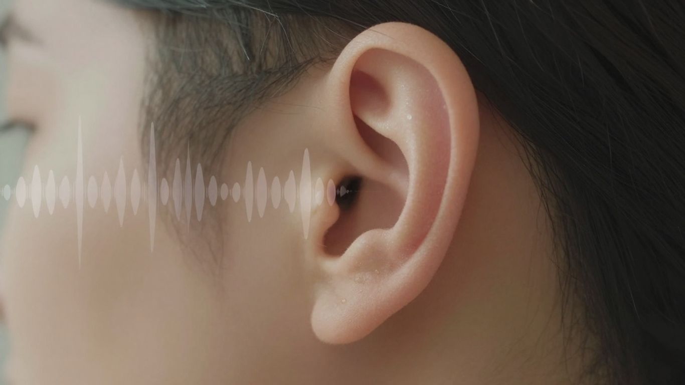 Ear with subtle sound waves emanating from it.