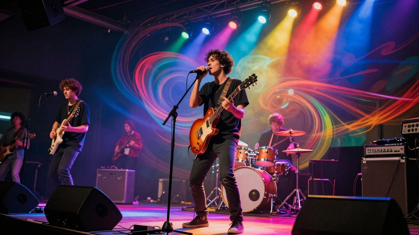 Musician performing with abstract visual effects.