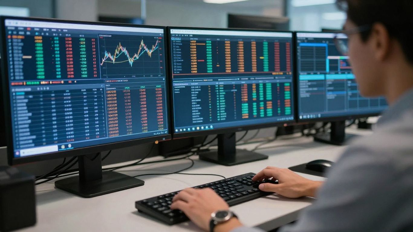 Futures trader monitoring multiple markets from a modern desk