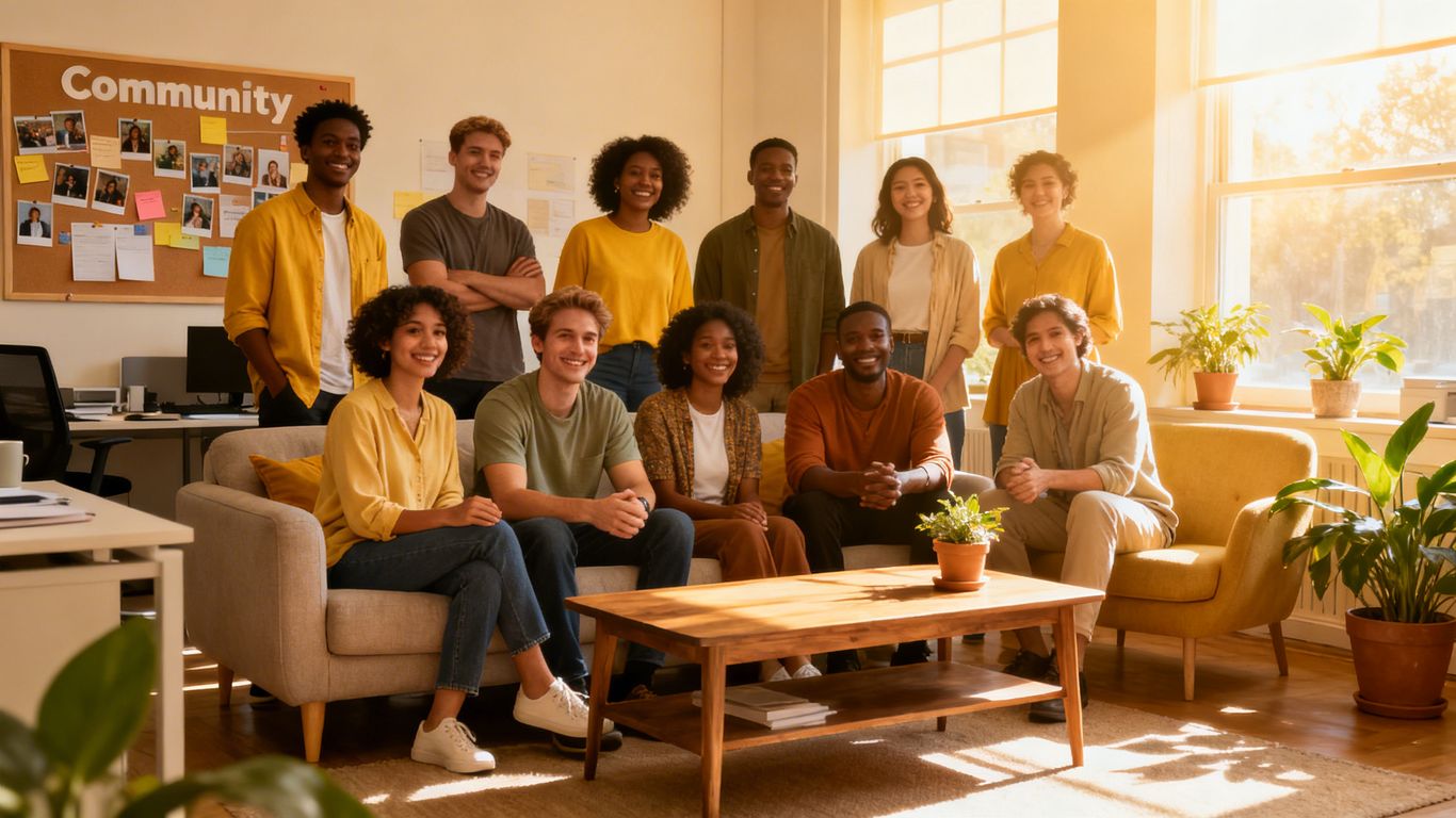 Group of people in a warm, friendly setting.