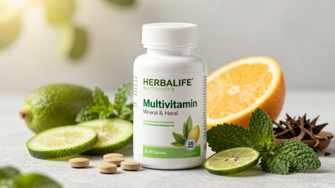 Herbalife Nutrition multivitamin bottle with herbs.