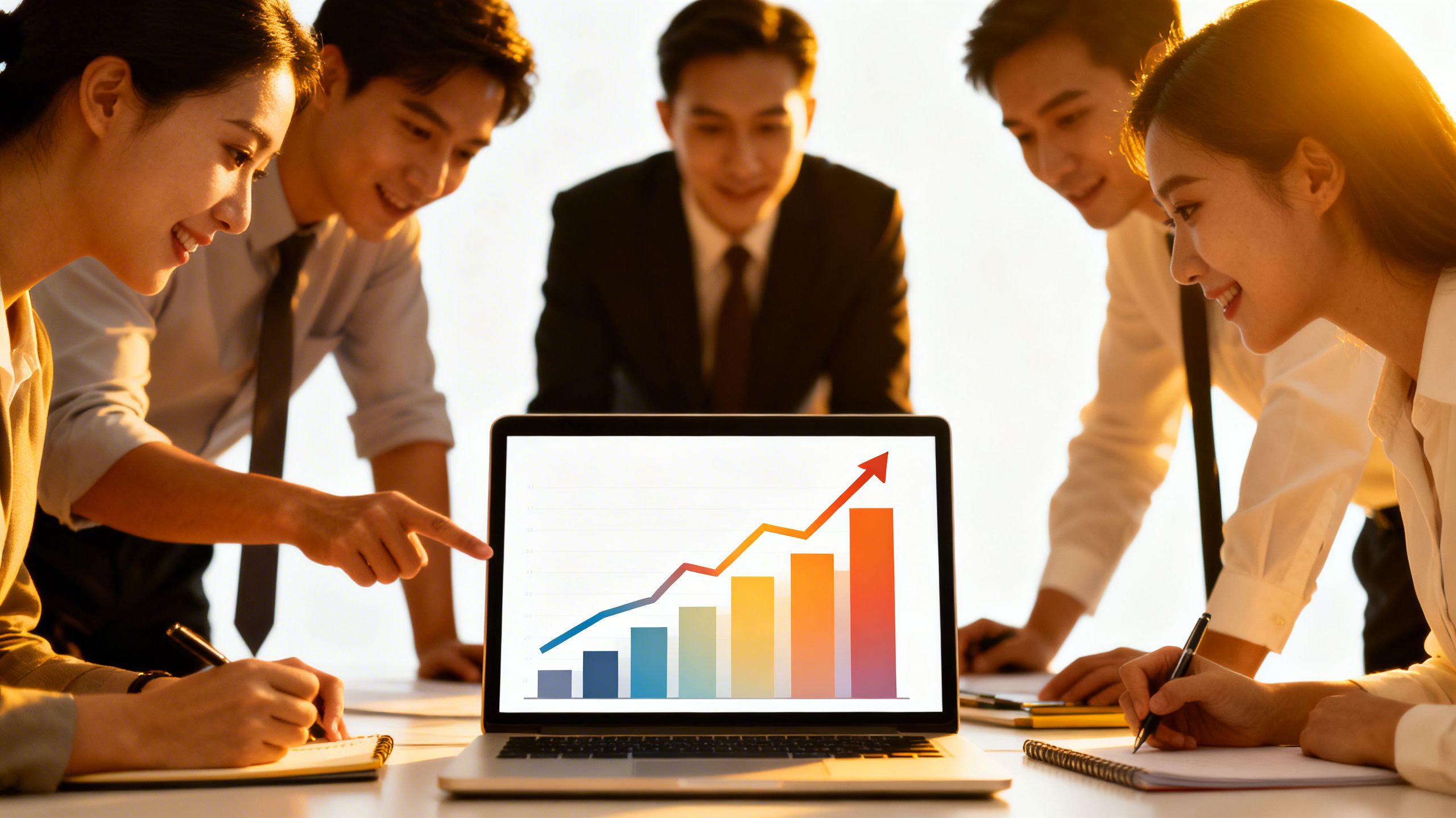A sales team collaborating around a laptop displaying abstract sales growth charts