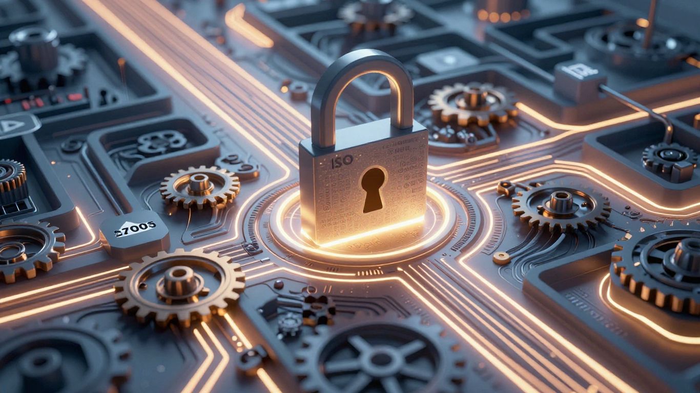 Digital maze with compliance symbols and a lock icon.