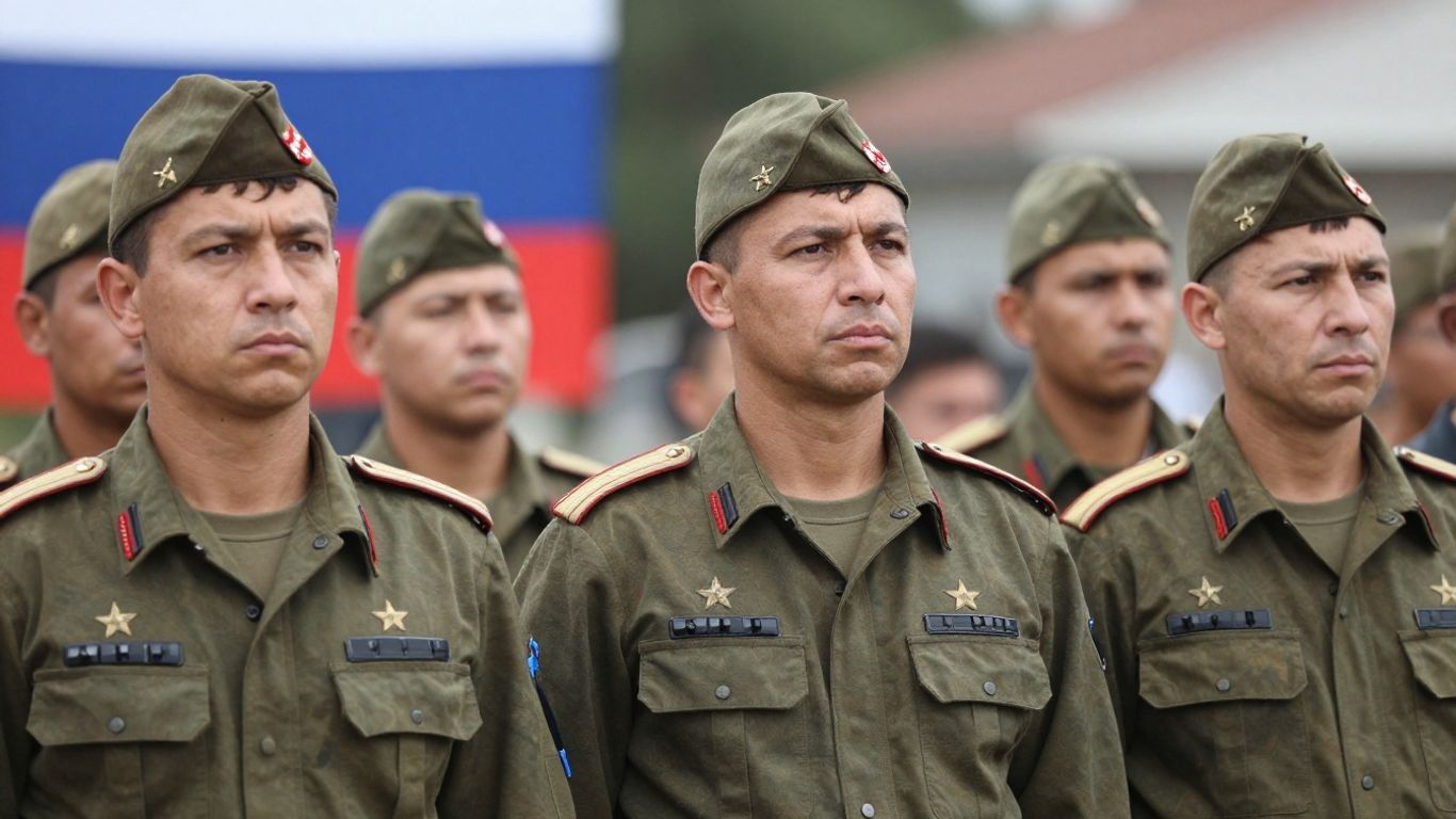 Peruvian soldiers in front of a Russian flag.