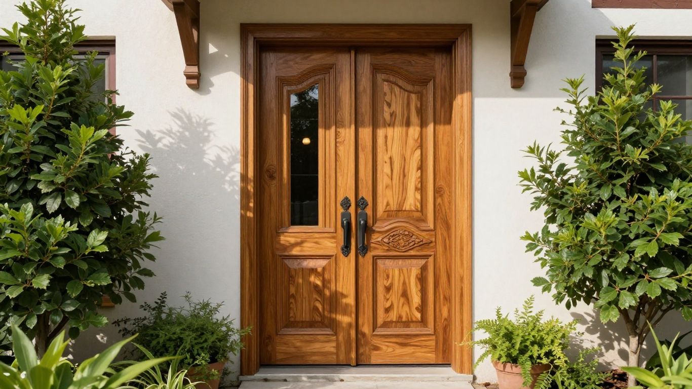 Elegant wooden entry door on a home.