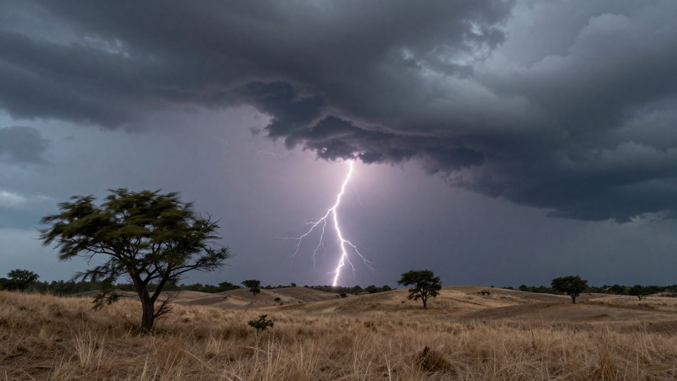 Dry lightning strikes over foothills during a wind storm.