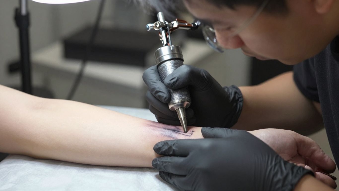 Close-up tattoo artist using curved magnum cartridge