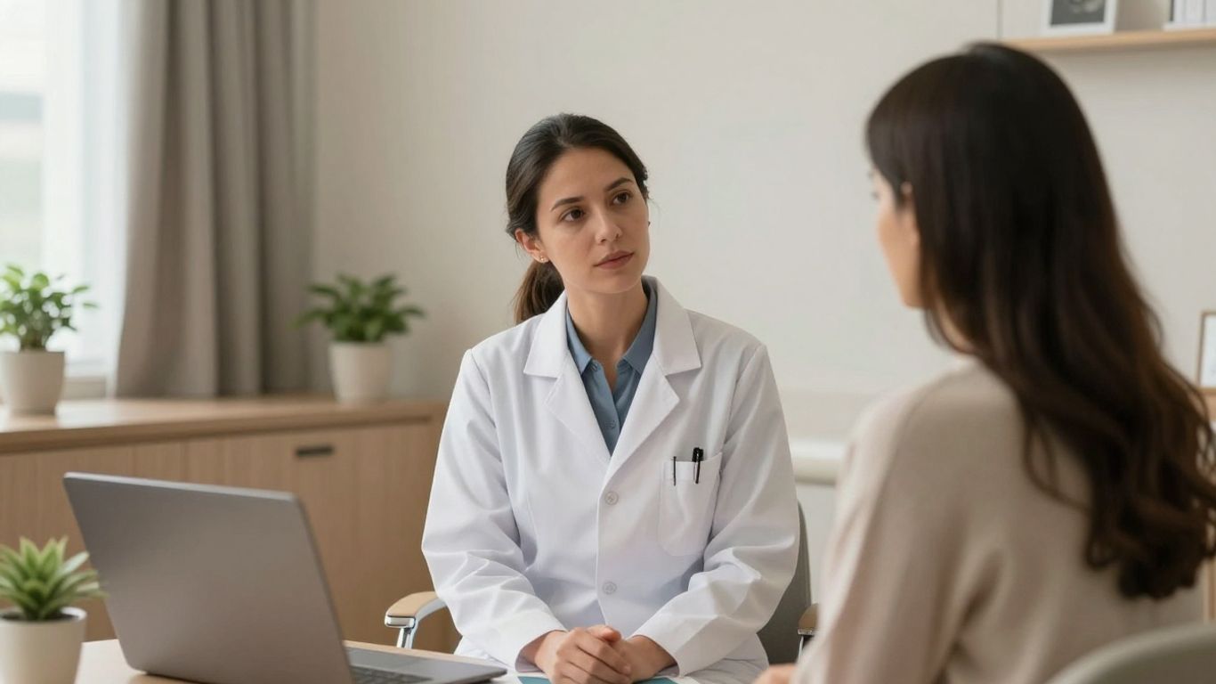 Profissional conversa com paciente em consultório acolhedor