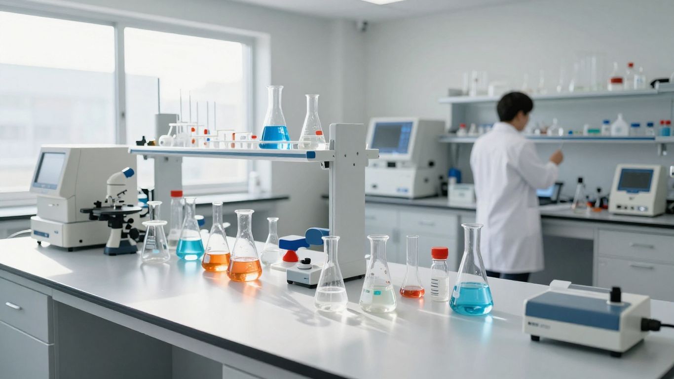 Laboratory equipment and a scientist in a modern lab.