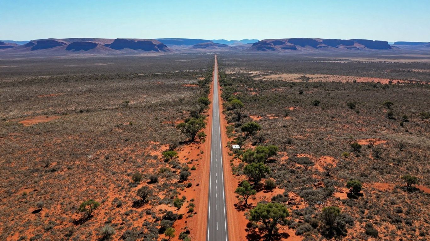 Australian roads stretching across diverse landscapes under sunlight.
