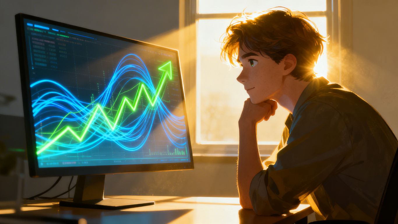 Person viewing glowing financial growth on a digital screen.