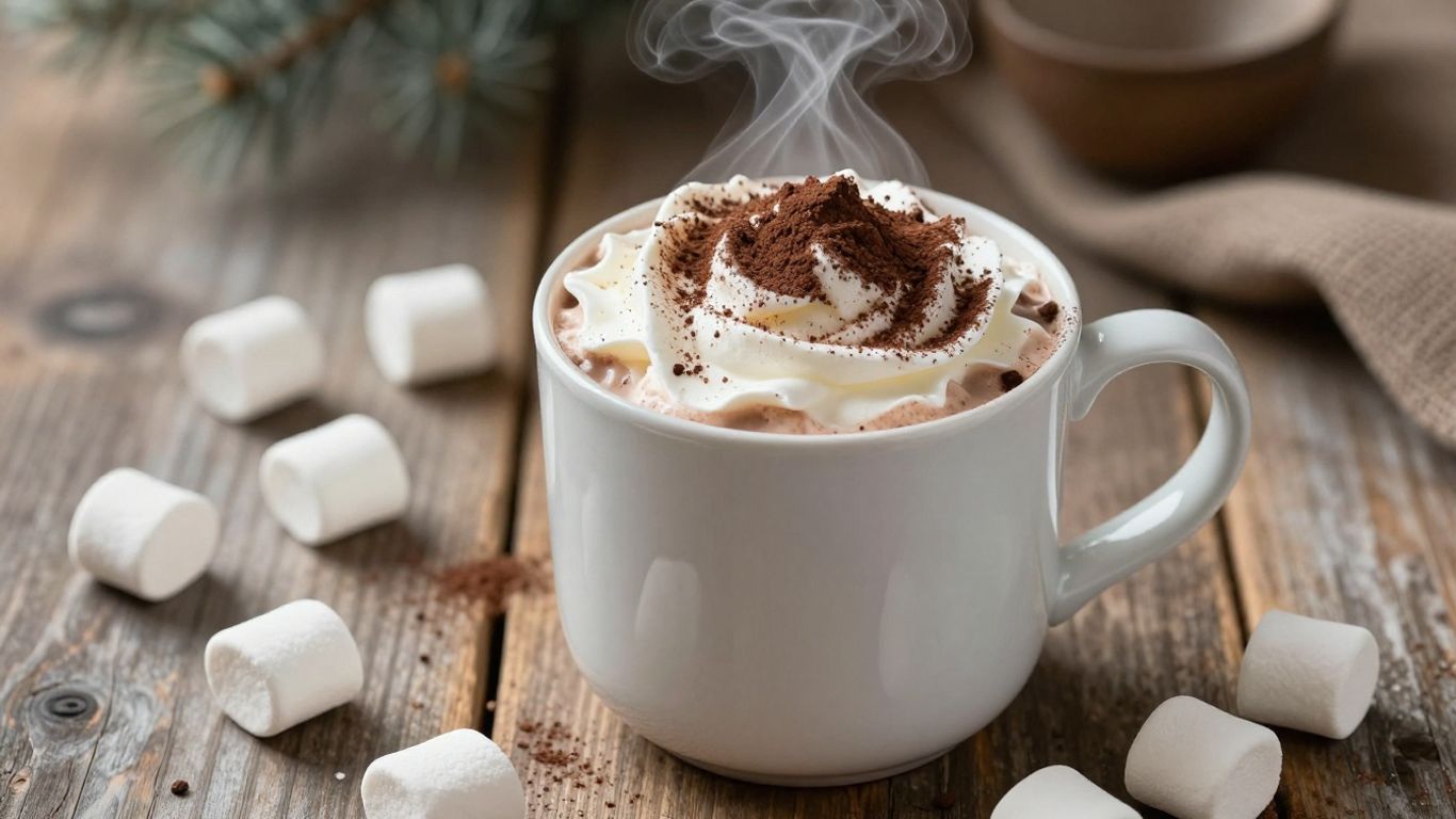 Steaming mug of hot cocoa with whipped cream and marshmallows.