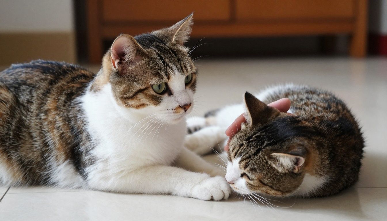 A cat owner gently interacting with their pet
