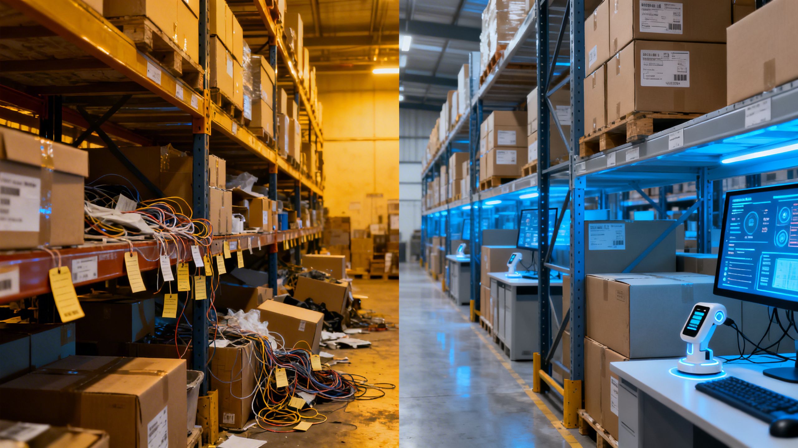 A split image showing a messy, chaotic warehouse on one side and a clean, organized one on the other, representing the impact of AI-driven inventory management.