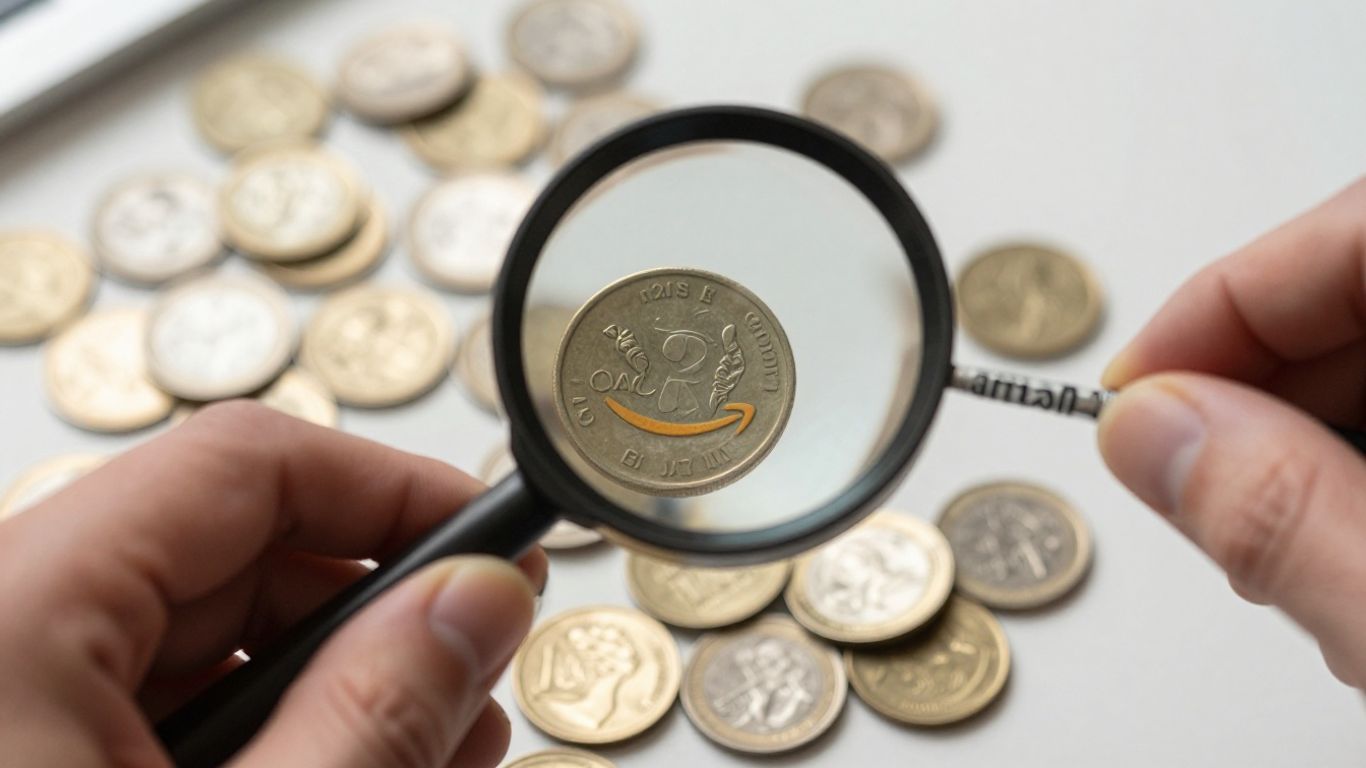 Magnifying glass over coins and Amazon logo.
