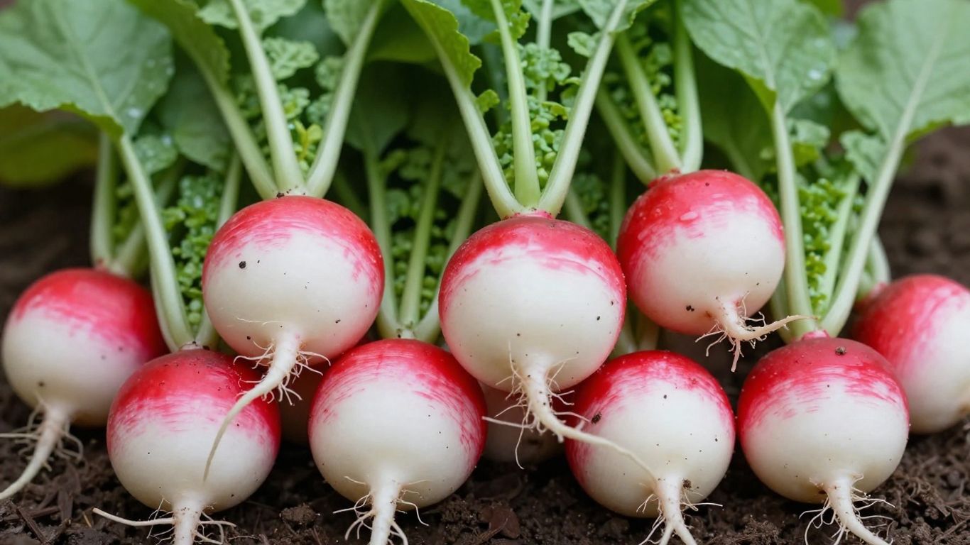 Frisch geerntete Radieschen mit grünen Blättern im Garten.