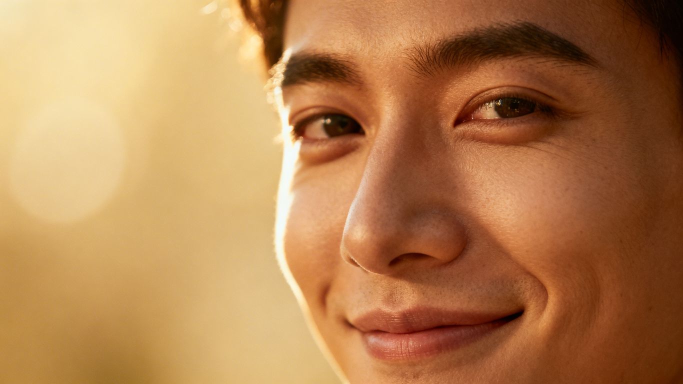 Person's face showing positive online brand sentiment.