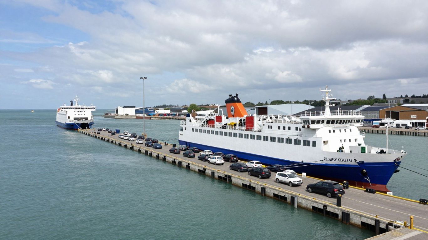 Calais ferry port with cars and ferries.