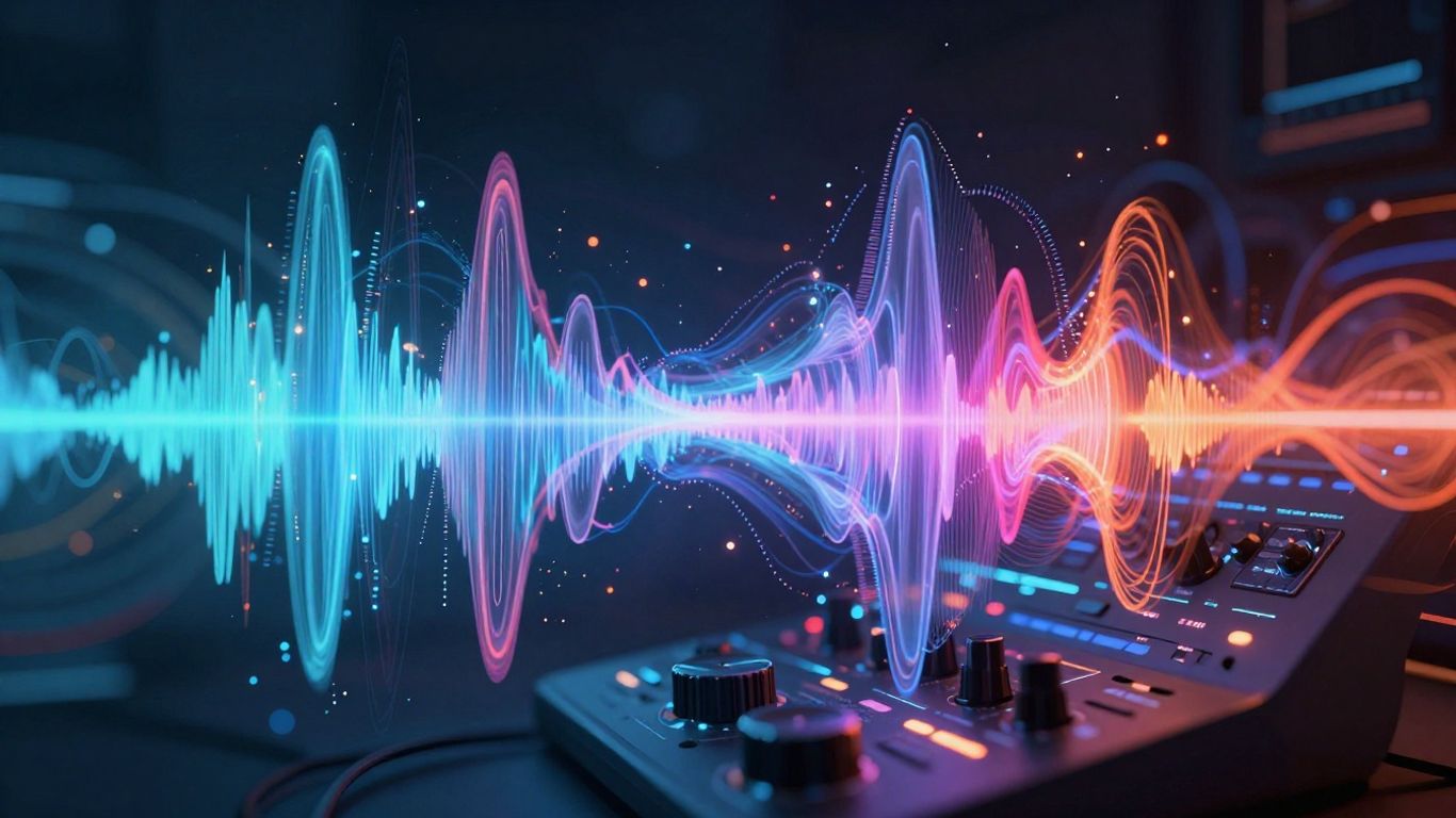 AI music creation with sound waves and digital particles.