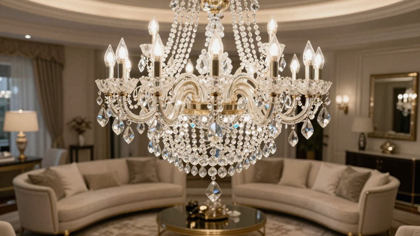 Crystal chandelier in a living room.