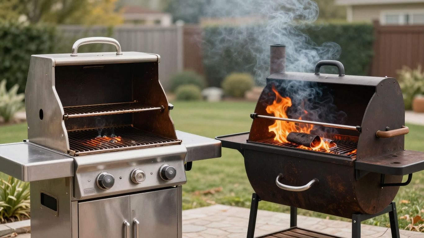 Gas grill and smoker side-by-side for comparison.