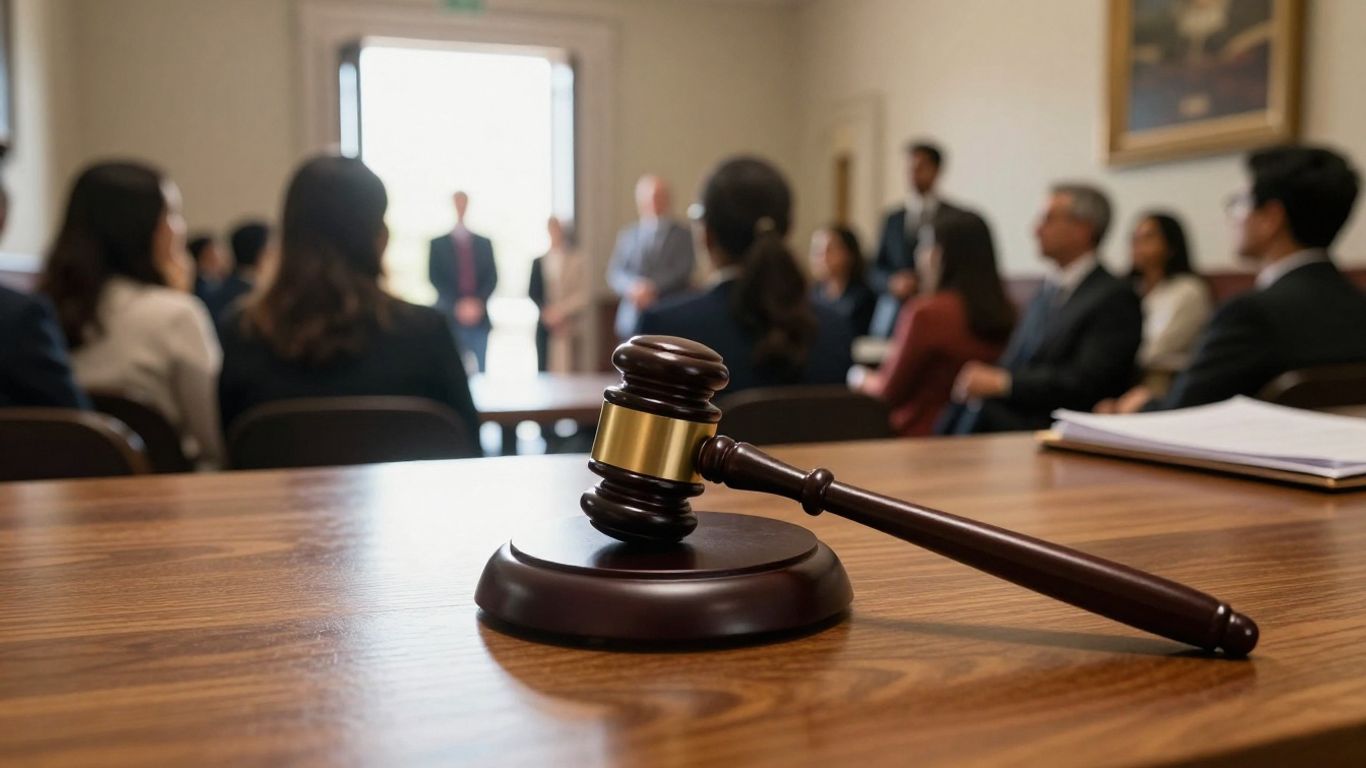 California courthouse with people moving towards an open door.