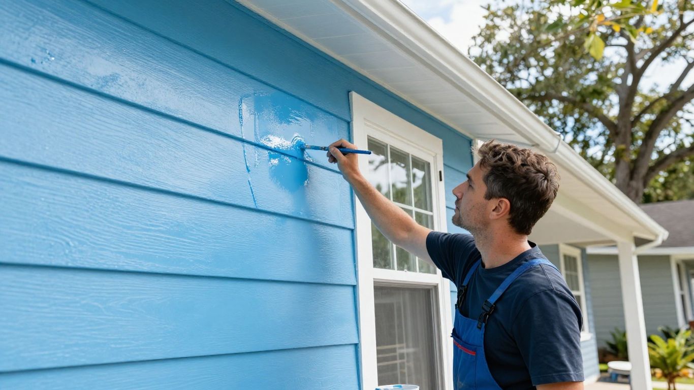 Orlando Pro Painters applying blue paint to a house.